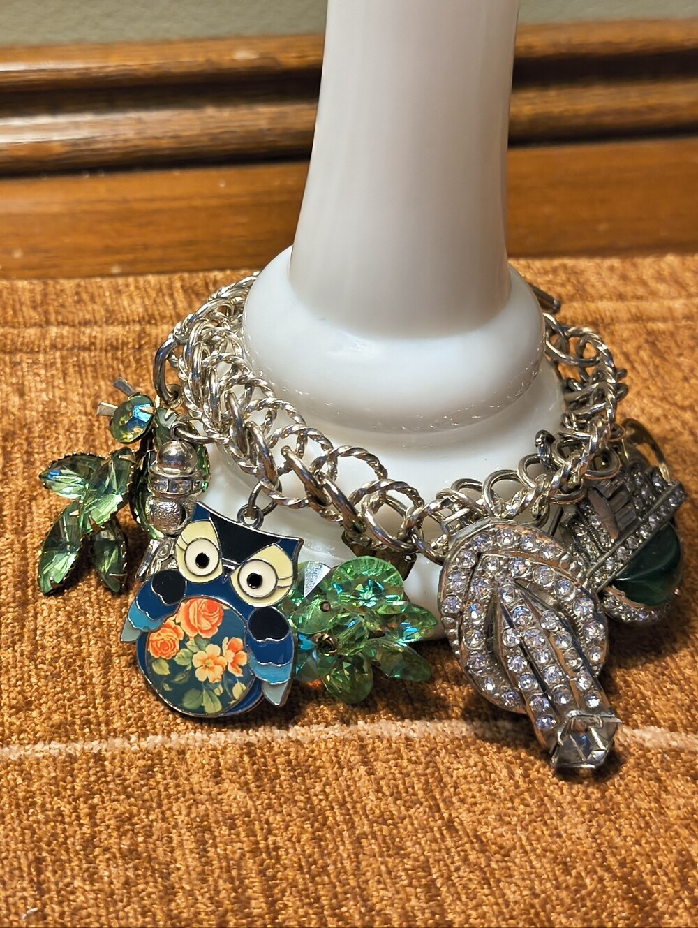 Vtg Handcrafted Multi Charm Bracelet Art Deco Bling Chunky Owl AB Silver Tone